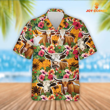 Joy Corners Texas Longhorn Cattle 3D Hawaiian Flower Shirt