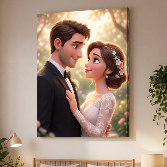 Bedroom with a large wall art of a couple embracing, surrounded by decor elements.