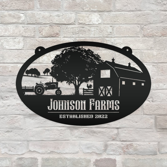 Joycorners Personalized Tractor and Wagon Farm Scene Metal Sign, Family Farm Sign, Tractor, Barn Metal Sign LM0110