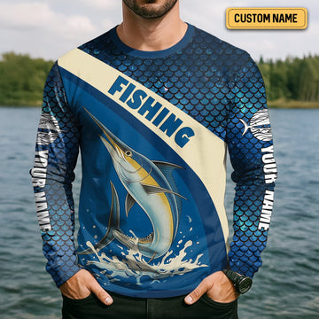 Joycorners Swordfish Logo Hooded UPF Shirt, Fish Button Up Shirt, Fisherman Outfit, Presents For Fishermen