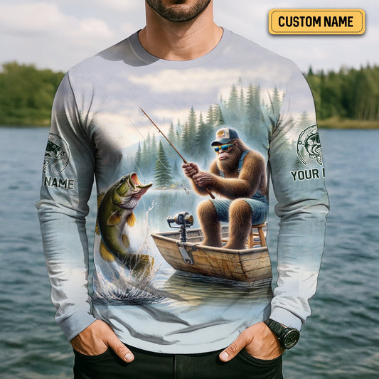 Joycorners Bigfoot Fishing, Funny Fishing Shirt, SPF Shirts For Men, Hooded Long Sleeve Shirt, Fisherman Gift