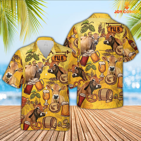 Joy Corners Jersey Cattle Drink Beer Pattern 3D Hawaiian Shirt