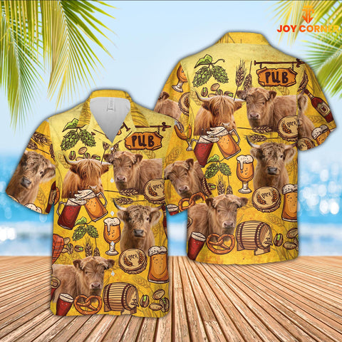 Joy Corners Highland Cattle Drink Beer Pattern 3D Hawaiian Shirt