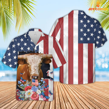 Joycorners Texas Longhorn 4th of July 3D Hawaiian Shirt