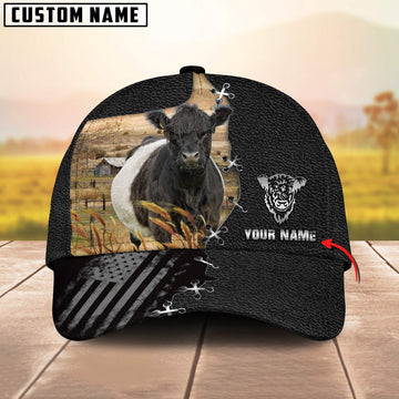 Joycorners Belted Galloway Black US Flag Pattern Customized Name Silver 3D Classic Cap