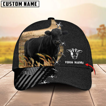 Joycorners Black Angus Black US Flag Pattern Customized Name Silver 3D Classic Cap