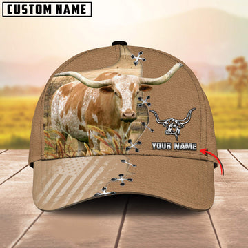 Joycorners Texas Longhorn Black US Flag Pattern Customized Name Silver 3D Classic Cap