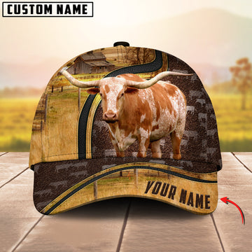 Joycorners Texas Longhorn Dark Brown Leather Pattern Customized Name 3D Classic Cap