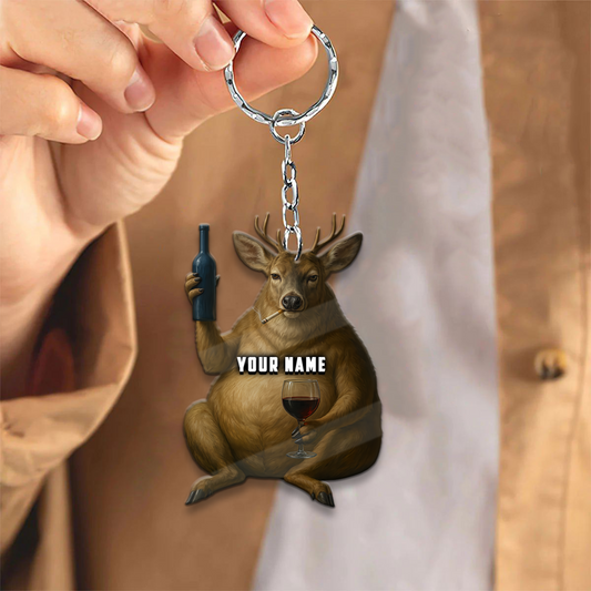 Joycorners Funny Relaxed Deer Smoking Drinking Wine Keychain & Ornament Personalized Name