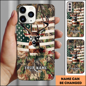 Joycorners Deer American Flag Camo Hunting Personalized Name Phone Case