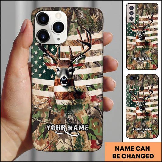 Joycorners Deer American Flag Camo Hunting Personalized Name Phone Case