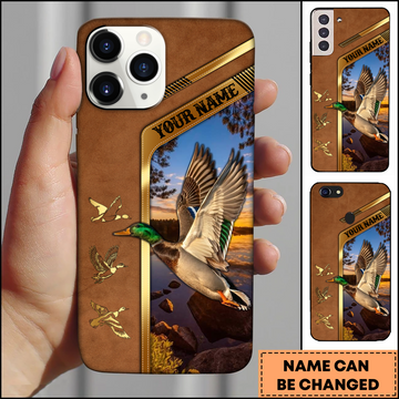 Joycorner Duck Hunting Golden Leather Style Sunset Lake Personalized Name Phone Case
