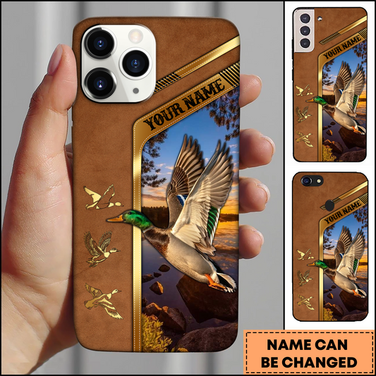 Joycorner Duck Hunting Golden Leather Style Sunset Lake Personalized Name Phone Case