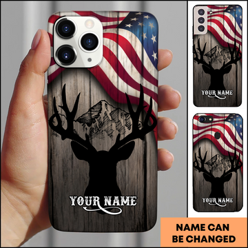 Joycorner Deer Hunting American Flag Mountain Silhouette Personalized Name Phone Case