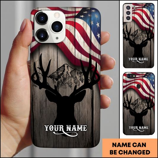 Joycorner Deer Hunting American Flag Mountain Silhouette Personalized Name Phone Case