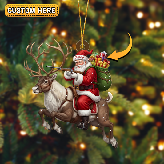 Joycorners Personalized Hunting Santa with Reindeer and Rifle Christmas Ornament