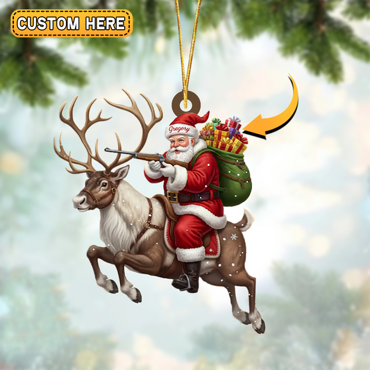 Joycorners Personalized Hunting Santa with Reindeer and Rifle Christmas Ornament