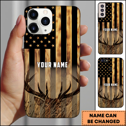 Joycorner Rustic American Flag Deer Antlers Personalized Name Phone Case