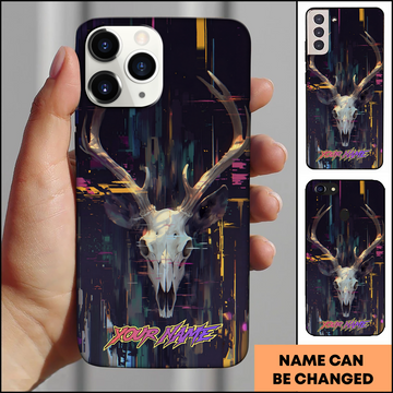 Joycorners Neon Glitch Deer Skull Personalized Name Phone Case