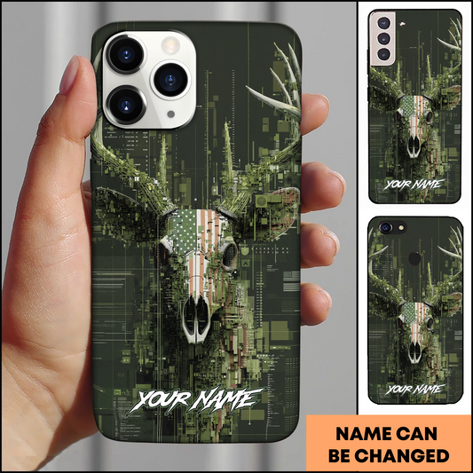 Joycorners Cyber Camo Deer Skull US Flag Personalized Name Phone Case