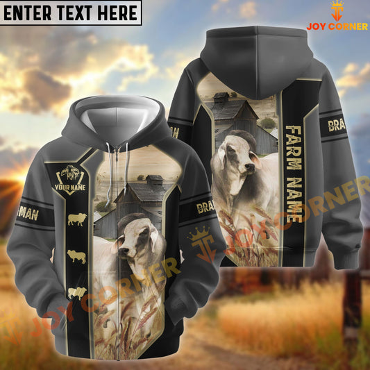 Joycorners Black Gray Gold Line Pattern Brahman Personalized Name And Farm Name 3D Hoodie