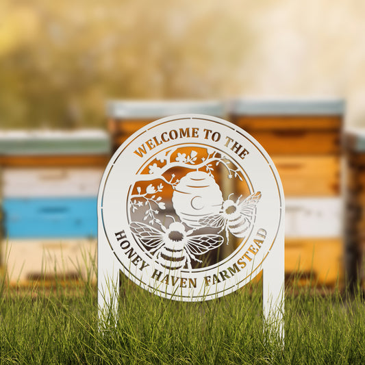 Joycorners Beehive Design Metal Yard Stake - Honey Bee Garden Accent - Personalized Welcome Sign - Farmhouse Decor - Outdoor Lawn Art - Gift for Her LM0110