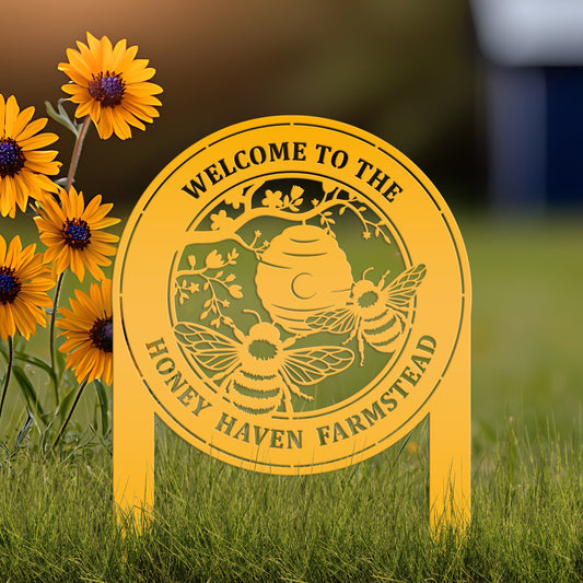Joycorners Beehive Design Metal Yard Stake - Honey Bee Garden Accent - Personalized Welcome Sign - Farmhouse Decor - Outdoor Lawn Art - Gift for Her LM0110