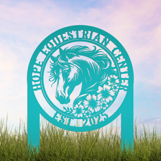 Joycorners Horse Yard Stake with Flowers - Garden Metal Art Piece - Farmhouse Entryway Display - Floral Horse Farm Welcome Sign - Personalized Lawn Art LM0110