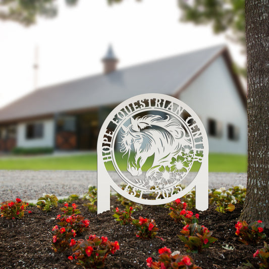 Joycorners Horse Yard Stake with Flowers - Garden Metal Art Piece - Farmhouse Entryway Display - Floral Horse Farm Welcome Sign - Personalized Lawn Art LM0110