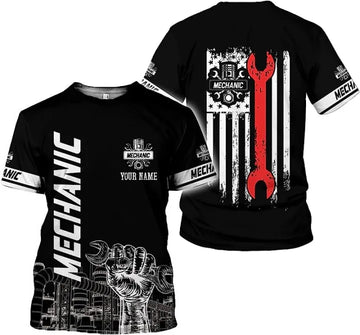 Joycorners Personalized Mechanic T-Shirt, Wrench & American Flag Design, Perfect Gift for Mechanics, Unique Mechanic Apparel PT2609