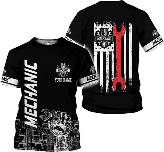 Joycorners Personalized Mechanic T-Shirt, Wrench & American Flag Design, Perfect Gift for Mechanics, Unique Mechanic Apparel PT2609