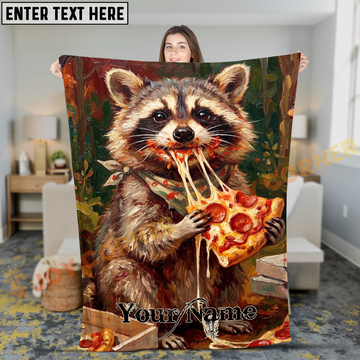 Joycorners Funny Greedy Raccoon Eating Cheesy Pepperoni Pizza Personalized 3D Blanket