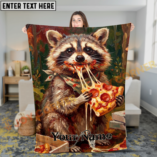Joycorners Funny Greedy Raccoon Eating Cheesy Pepperoni Pizza Personalized 3D Blanket
