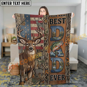 Joycorners Best Dad Ever Deer Hunting Fishing American Flag Patchwork Personalized 3D Blanket