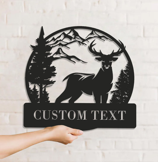Maxcorners Personalized Deer Hunting Metal Sign WITH LED/WITHOUT LED Light Mountain Scene Custom Text Rustic Wall Art Gift MT0110