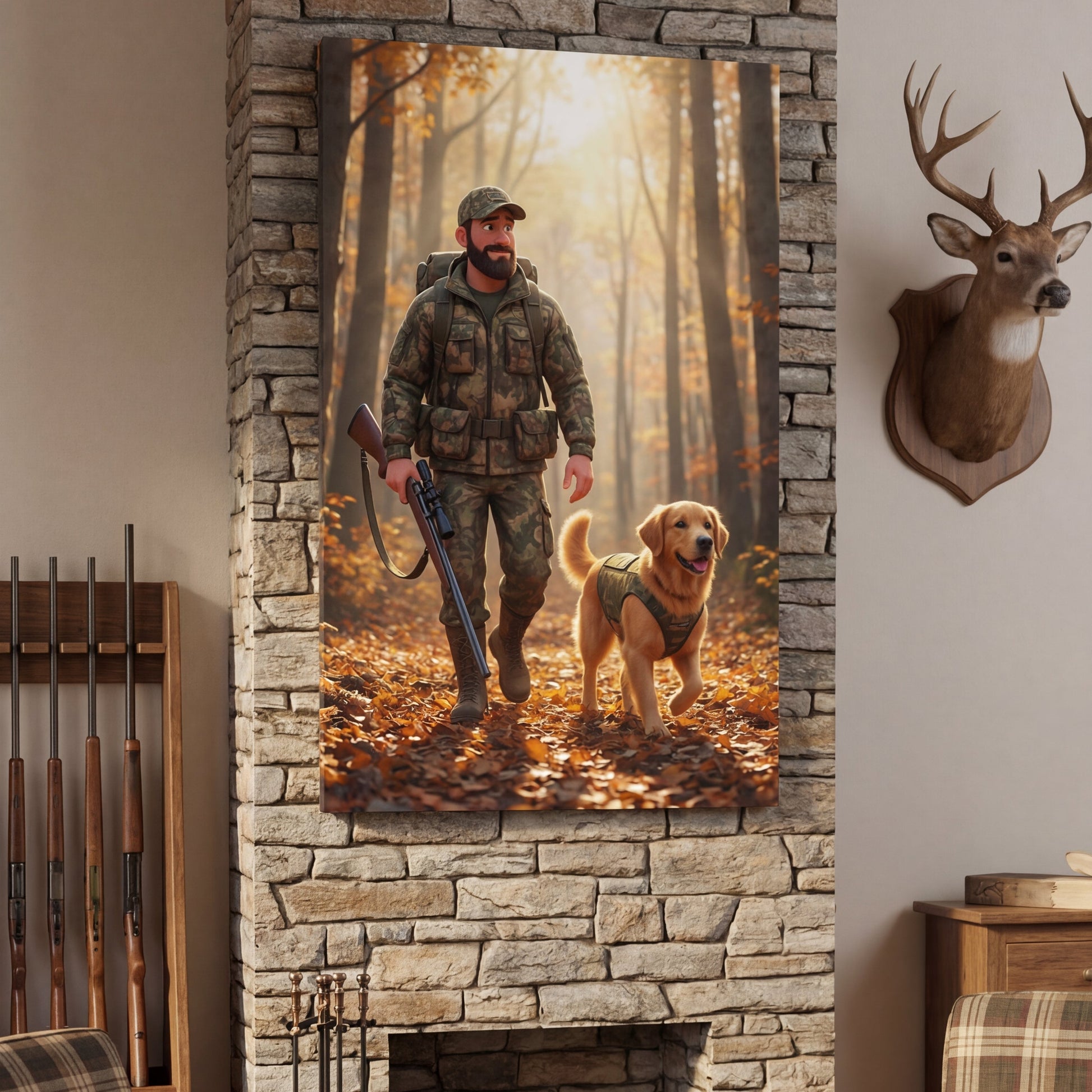 Living room with stone fireplace, plaid chairs, and a painting of a hunter and dog on the wall.