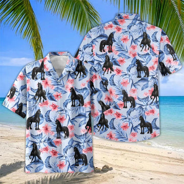 Joycorners Floral Friesian Horse Lover Hawaiian Shirt