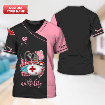 Joycorners Personalized Nurse Shirt, 'Nurse Life' with Medical Motif in Pink and Black MT2509