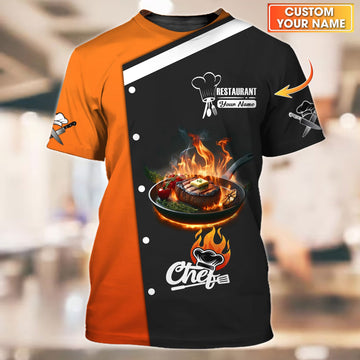 Joycorners Personalized Chef Shirt - Fiery Steak Print in Black and Orange MT2509