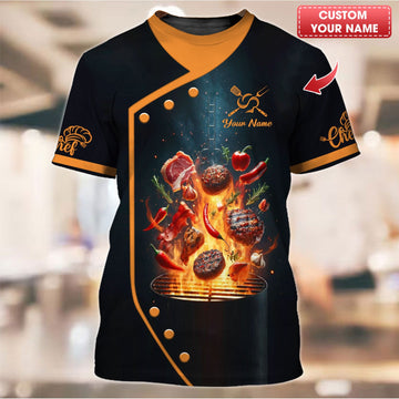 Joycorners Personalized Chef Shirt - Fiery BBQ Design for Grill Masters MT2509
