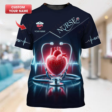 Joycorners Personalized Nurse Shirt - Heartbeat & Stethoscope Graphic | Comfort Fit Medical Tee MT2509