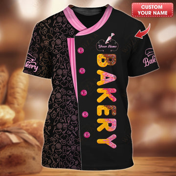 Joycorners Personalized Baker Shirt, Colorful Donut Lettering with Patisserie Pattern Trim MT2509