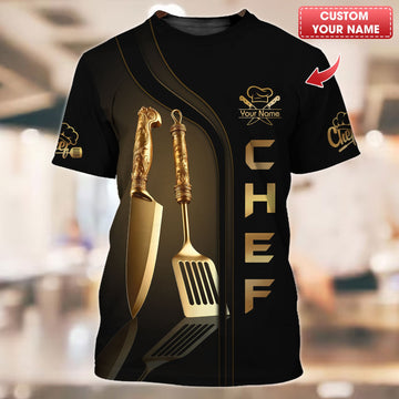 Joycorners Personalized Chef Shirt - Gourmet Gold Accents & Cookware Motif MT2509
