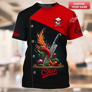 Joycorners Personalized Chef Shirt, Enflamed Culinary Knife with Dynamic Vegetable Splash MT2509