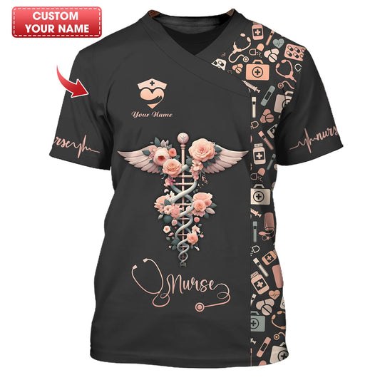 Joycorners Personalized Nurse Shirt, Floral Caduceus with Angelic Wings Design MT2509