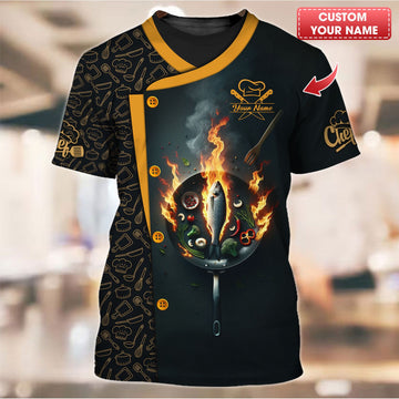 Joycorners Personalized Chef Shirt, Fiery Pan with Flaming Fish and Vegetables Design MT2509