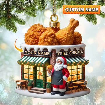 Joycorners Custom Name Santa Fried Chicken Ornament, Fried Chicken Shop Christmas Decoration 2D Flat LM2111
