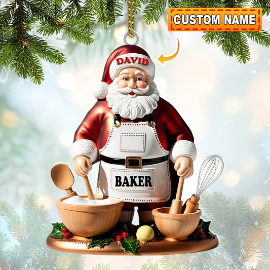 Joycorners Custom Name Baking Santa Ornament, Christmas Gift for Baker 2D Flat LM2211