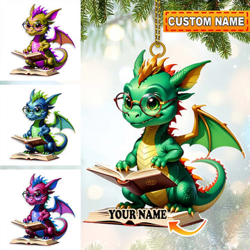Joycorners Custom Name Dragon Reading Books Ornament, Christmas Gift for Book Lover 2D Flat LM2211