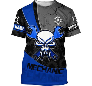 Joycorners Personalized Mechanic Skull Blue Gray Family - 3D Printed T-shirt - All Star Shirt